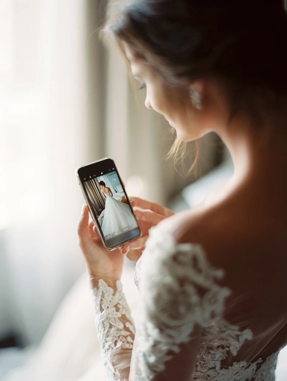 Bride reviewing her custom gown design on her phone
